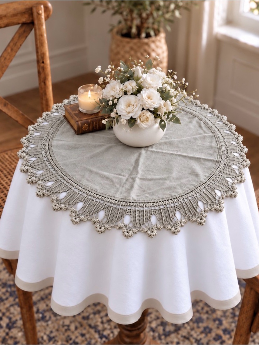 Linen & Crochet Doily Centerpiece 18.5" Diameter Vintage Handmade Wedding Event